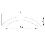 Maße des Bogengriffs 2106: Länge (L) 76 - 372 mm, Bohrabstand (BA) 64 - 320 mm, Höhe (H) 32 mm