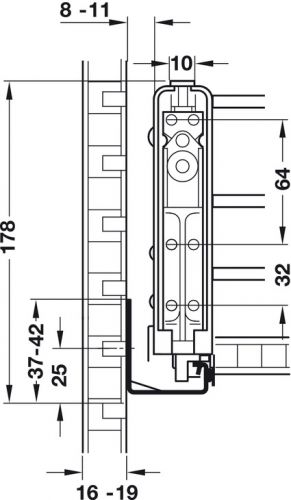 Einbauhöhe des Drahtauszuges mit Tablarboden: min. 18,2cm