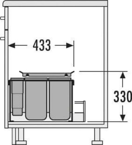 Einbaumaße des Hailo Mülltrennsystems 3630-50 XXL: Höhe 33 cm, Tiefe 43,3 cm