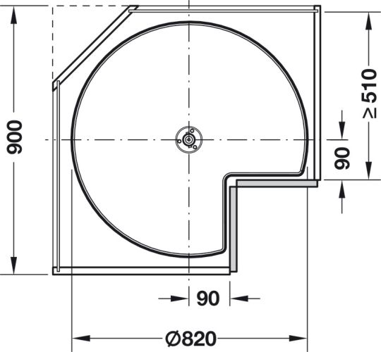 Maße des 3/4-Kreis-Drehbeschlags für 90 cm Korpusbreite