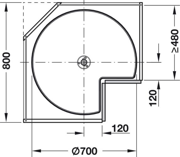 Maße des 3/4-Kreis-Drehbeschlags für 80 cm Korpusbreite