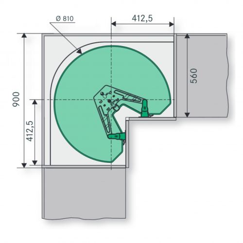 Maße des Drehbeschlags Revo für 90 cm Eckschränke