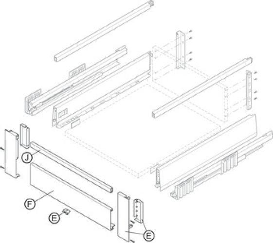 Pos E: Fronthalter und Frontstabilisierung<br>Pos F: Frontblende<br>Pos J: Querreling